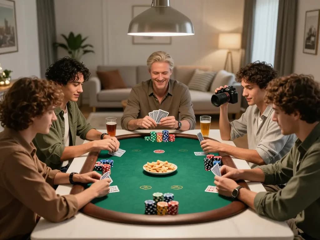 Friends enjoying a competitive poker game at home, showcasing the sun win experience in a cozy atmosphere.