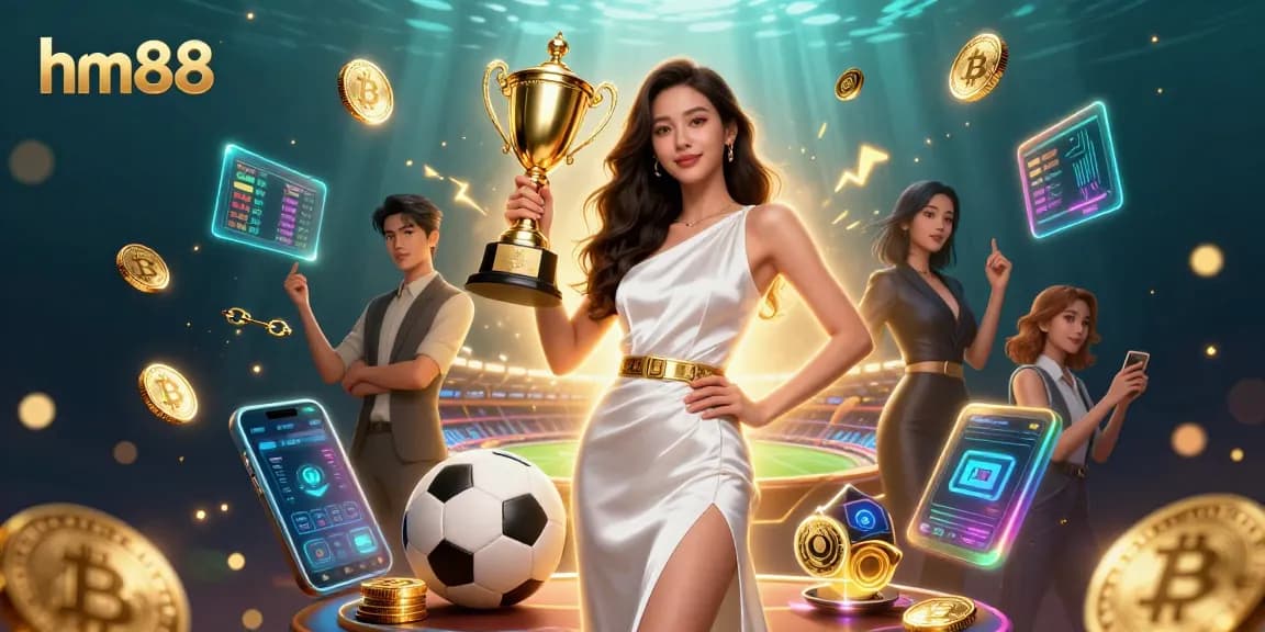 Win at hm88 with a victorious Asian woman in a luxurious gown amidst vibrant casino elements.