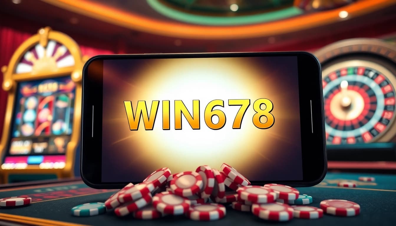 WIN678 showcases a luxurious online gambling interface with vibrant slot machines and roulette wheels.