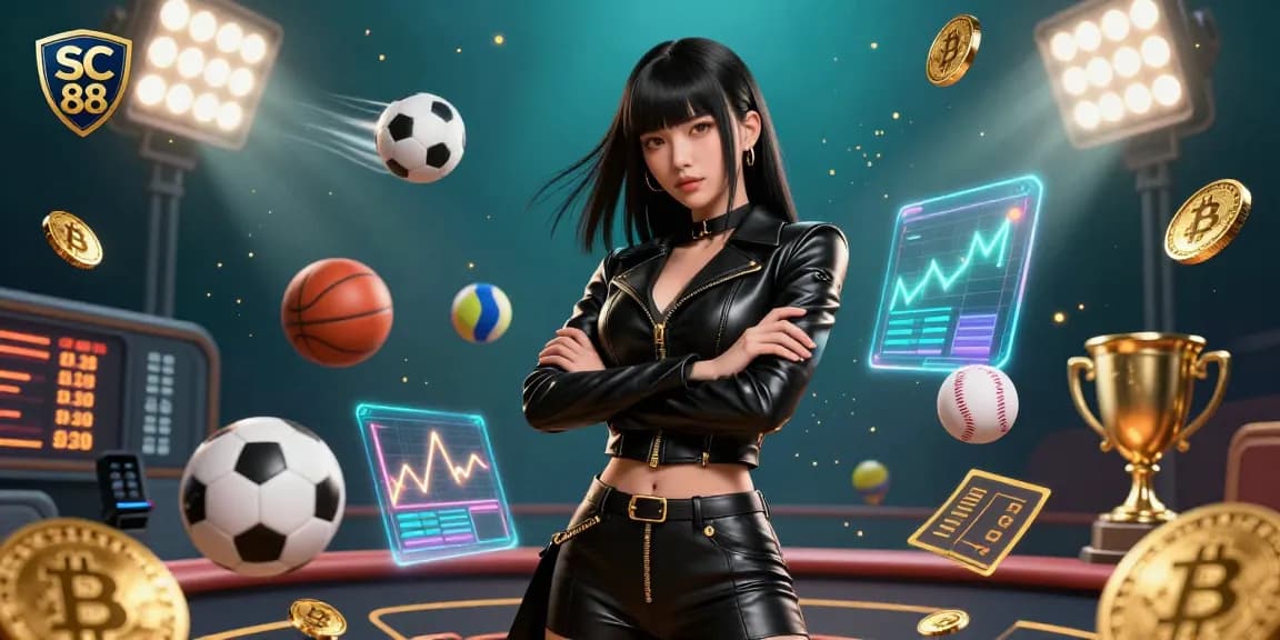 Engage in SC 88 themed sports betting with dynamic elements like trophies and glowing betting slips.