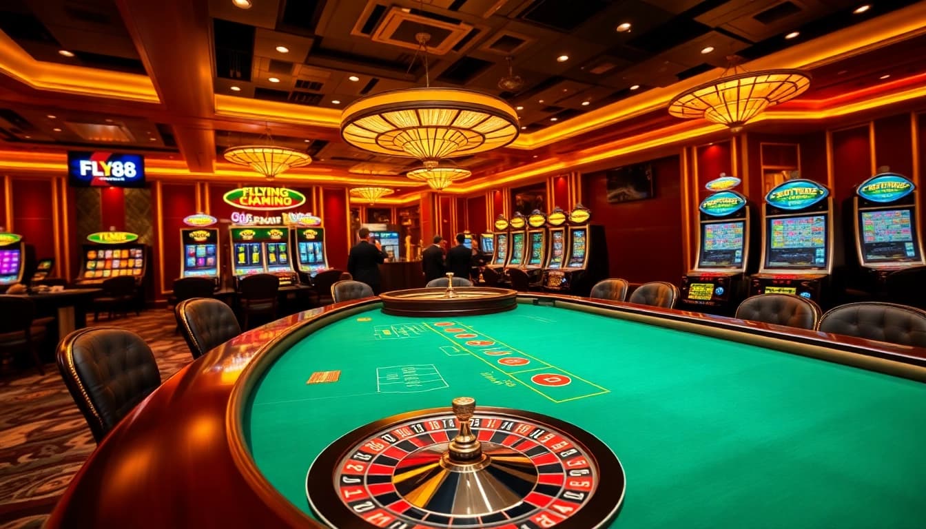 Players engaging in exciting bets at FLY88 casino with vibrant tables and thrilling atmosphere.