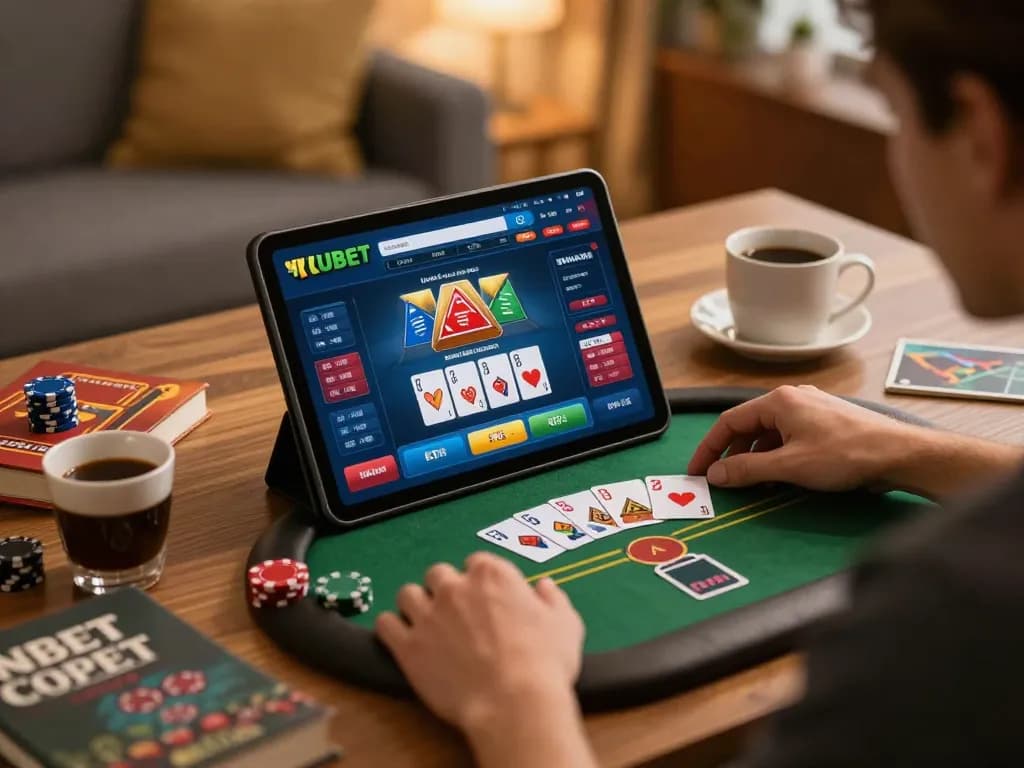 KUBET online gaming interface showing poker game in a cozy home setup with warm lighting