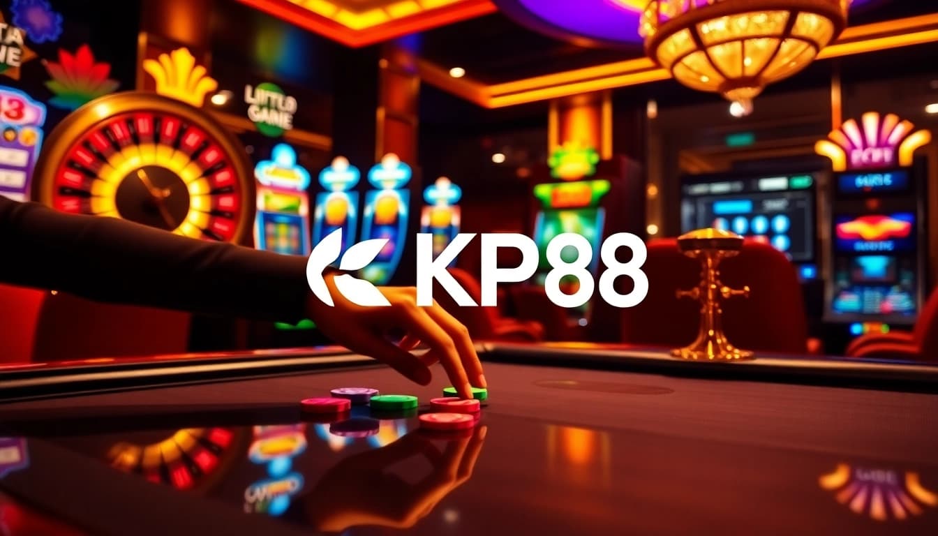 Experience the thrill of KP88 with vibrant poker chips and a spinning roulette wheel.