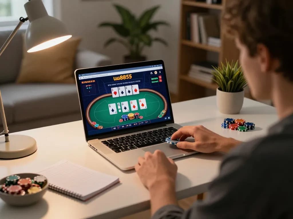 Player engaging in online casino poker at uu8855 in a cozy home setting, showcasing strategic gaming atmosphere.