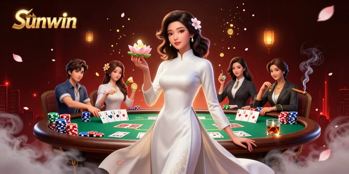 Experience thrilling games at sunwin with an elegant player showcasing poker and exclusive casino elements.