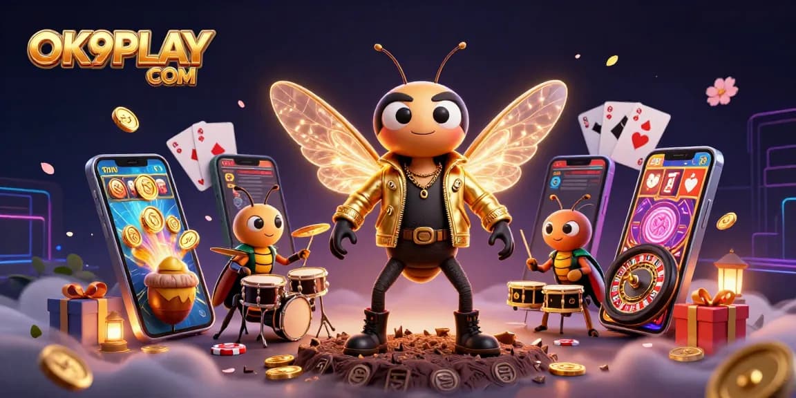 Immerse in the excitement of OK9PLAY COM with a vibrant 3D cartoon scene featuring casino elements.
