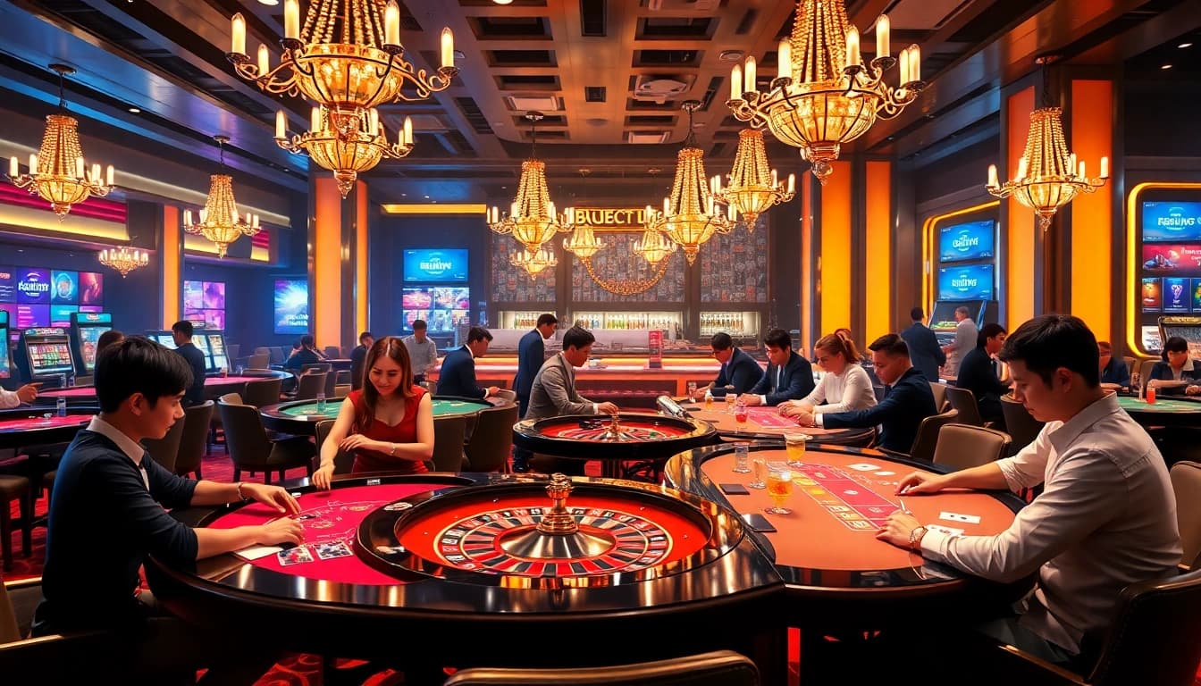 Experience the excitement at trang chủ 88vv, a luxurious casino environment featuring vibrant gaming tables and immersive entertainment.