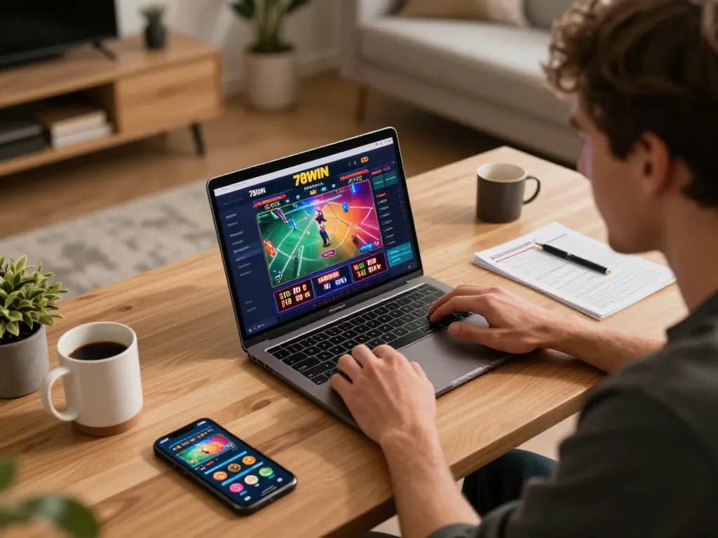 Engaging gameplay on 78WIN online casino platform displayed on laptop with colorful graphics