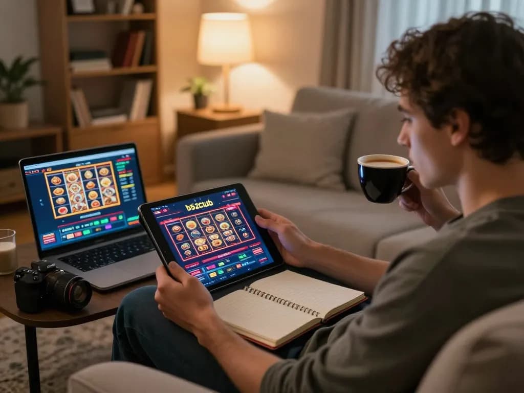 b52club player enjoying a cozy at-home gaming experience with vibrant tablet interface