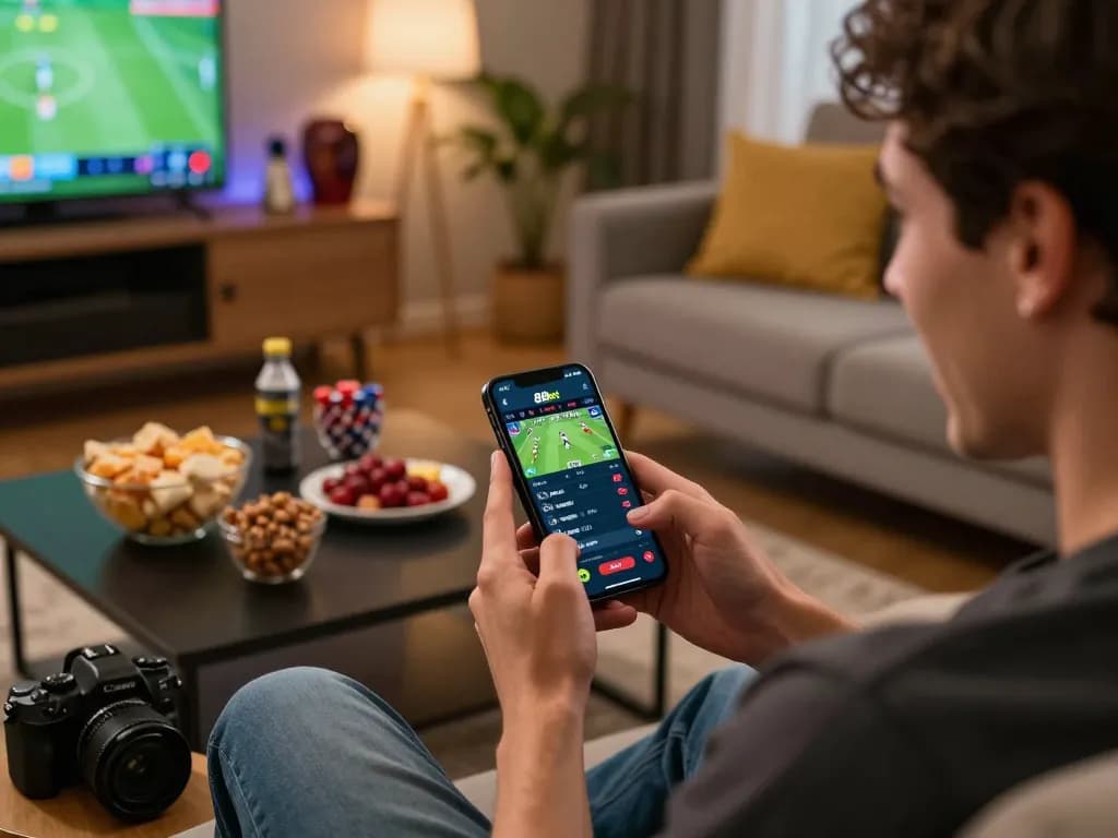Betting enthusiast using the 89bet app on a smartphone while enjoying the game at home.