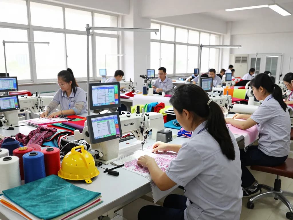 Sunwin textile workers collaborating with colorful fabrics in a modern manufacturing space.