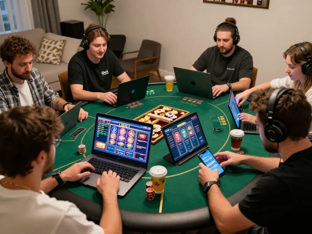 Players enjoying hitclub online gaming on laptops and smartphones in a cozy home setting