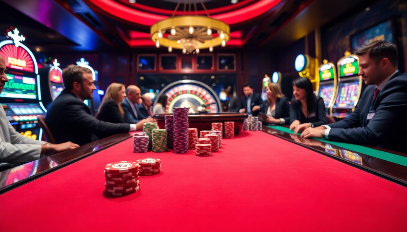 KIM88 players enjoying an exciting game at a vibrant casino table with colorful chips.