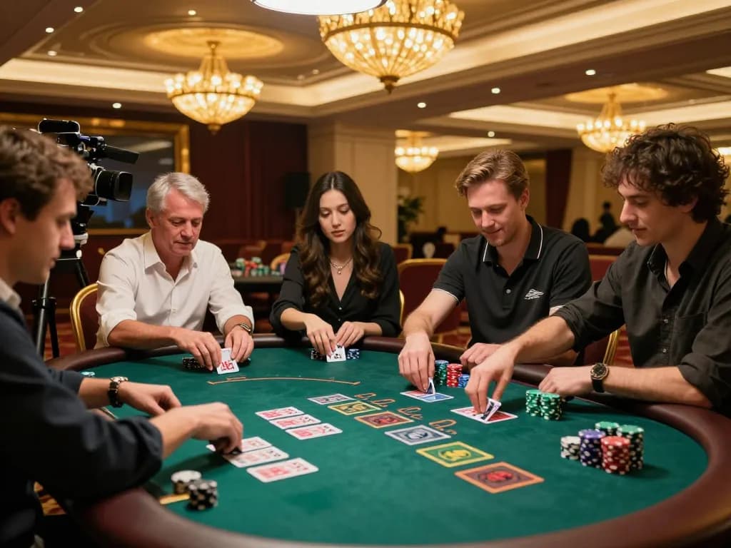 Intense blackjack gameplay at nhà cái HM88 with players strategizing bets at a luxury casino table.