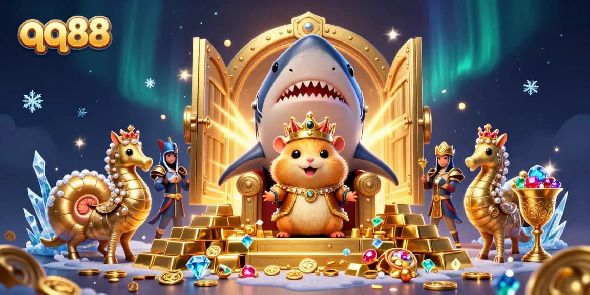 Engage with qq88 in a vibrant online casino scene featuring a hamster king and treasure elements.