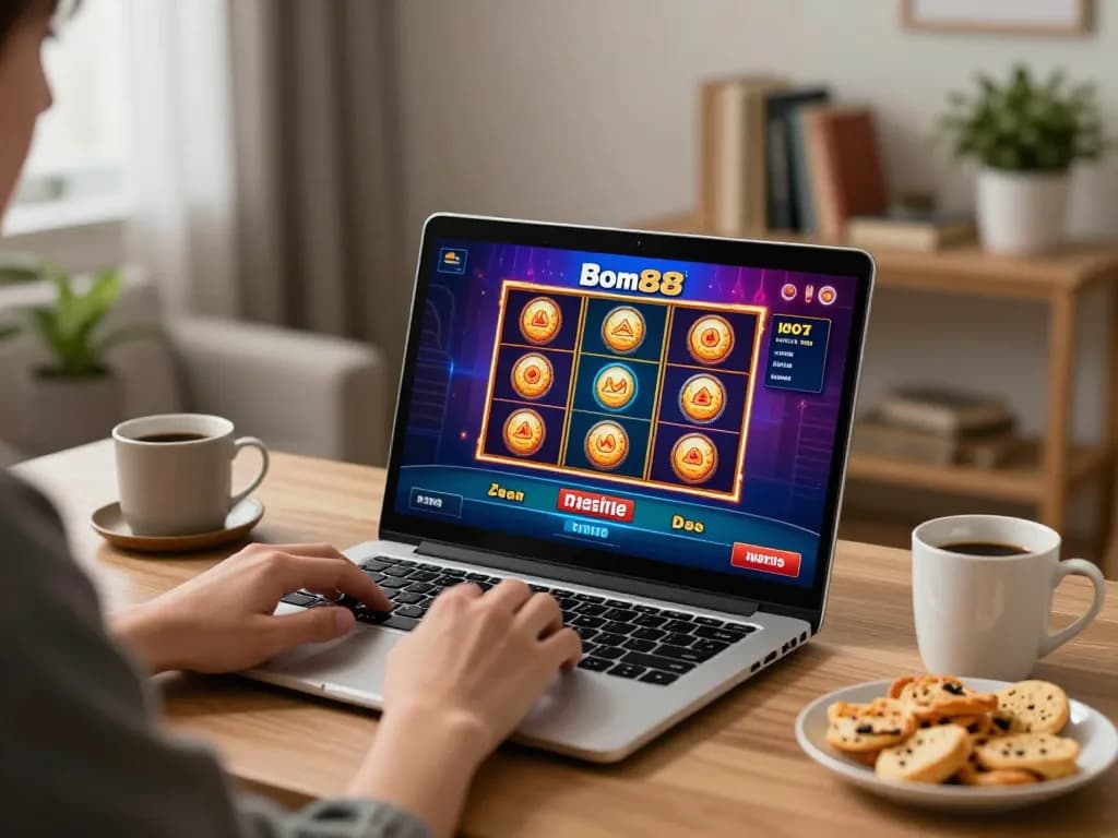 Experience Bom88 uy tín while enjoying online slots in a cozy gaming setup with snacks and a laptop.