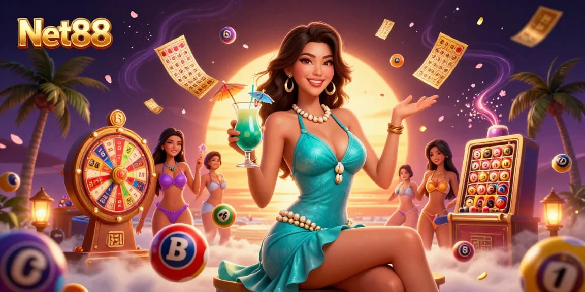 Experience the excitement with Net88 at a vibrant beach casino filled with colorful lottery elements.