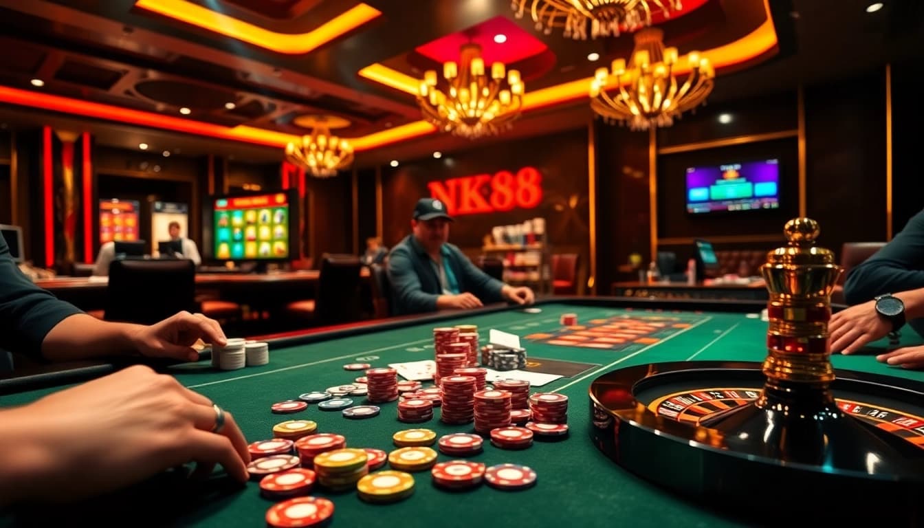 Experience high-stakes casino excitement with digital gameplay at https://nk88zz.bio/, featuring dynamic tables and vibrant poker chips.