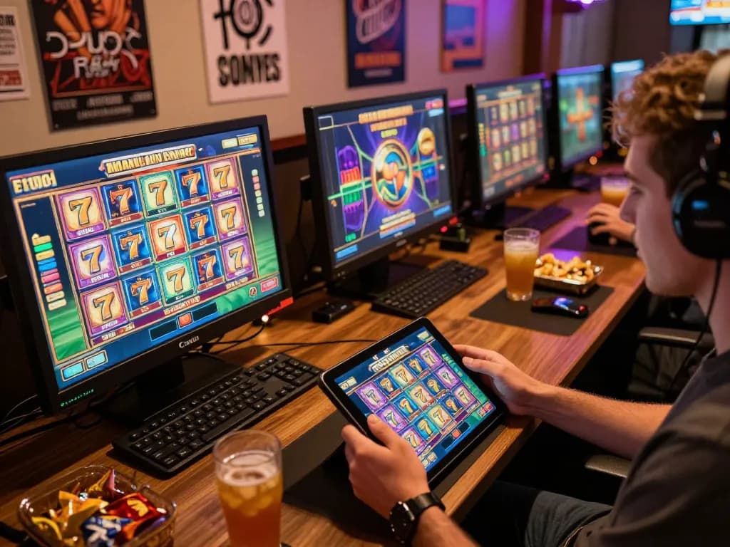 Engaging with a slot 777 game on a tablet in a cozy home gaming setup, showcasing an inviting atmosphere.