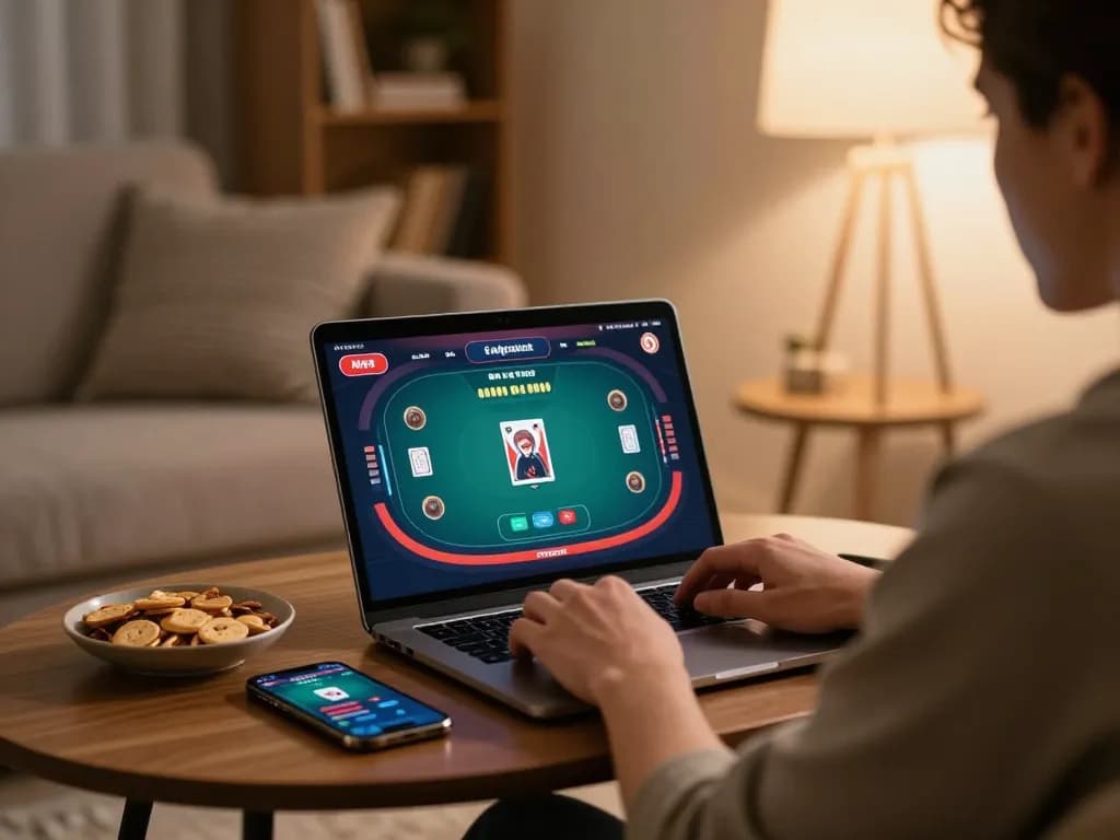Experience online gambling at https://3win.blue/ with an immersive home gaming setup featuring poker on a laptop.
