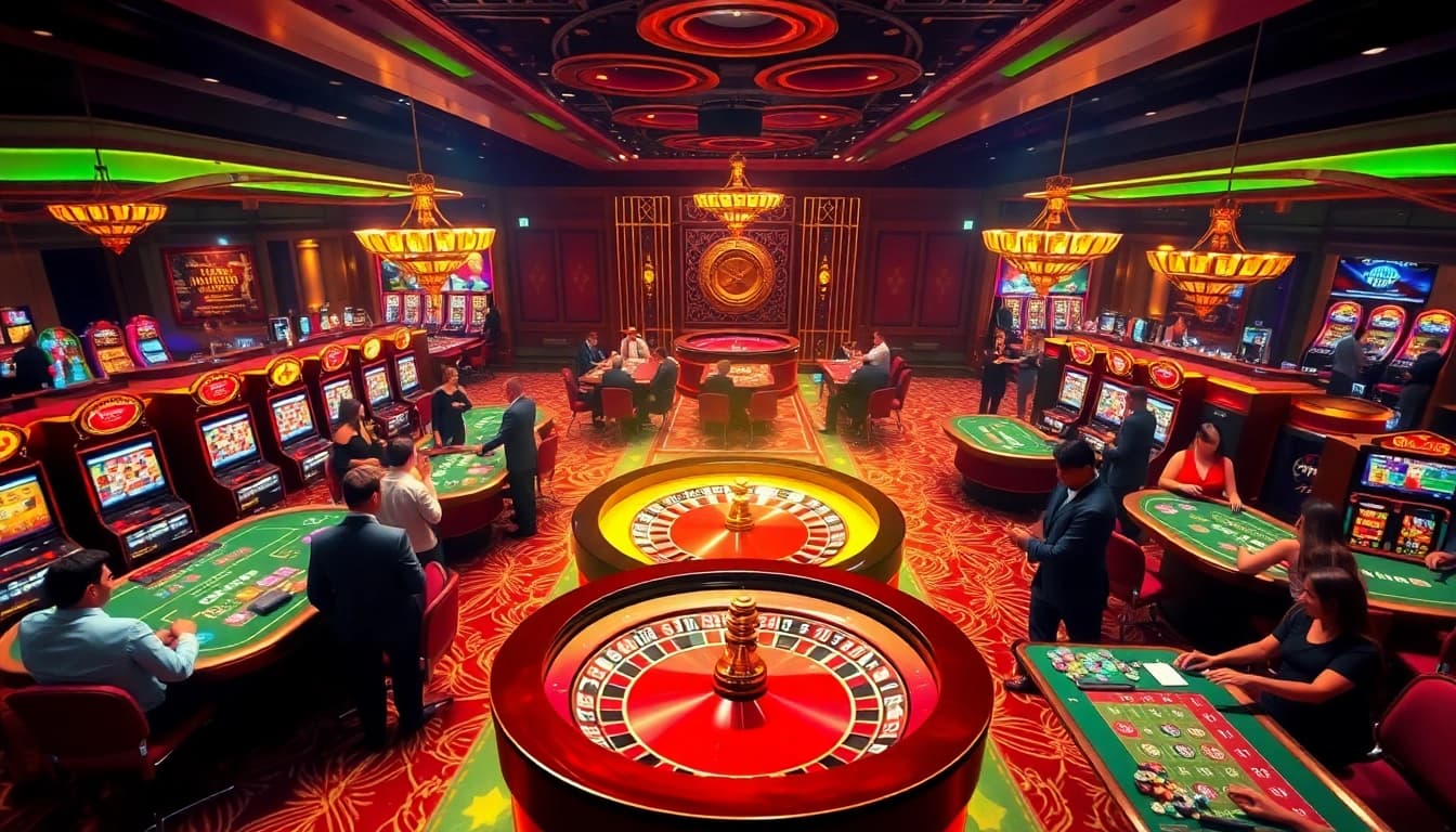 Experience thrilling gameplay at OKFUN's lively casino scene with vibrant tables and engaging players.
