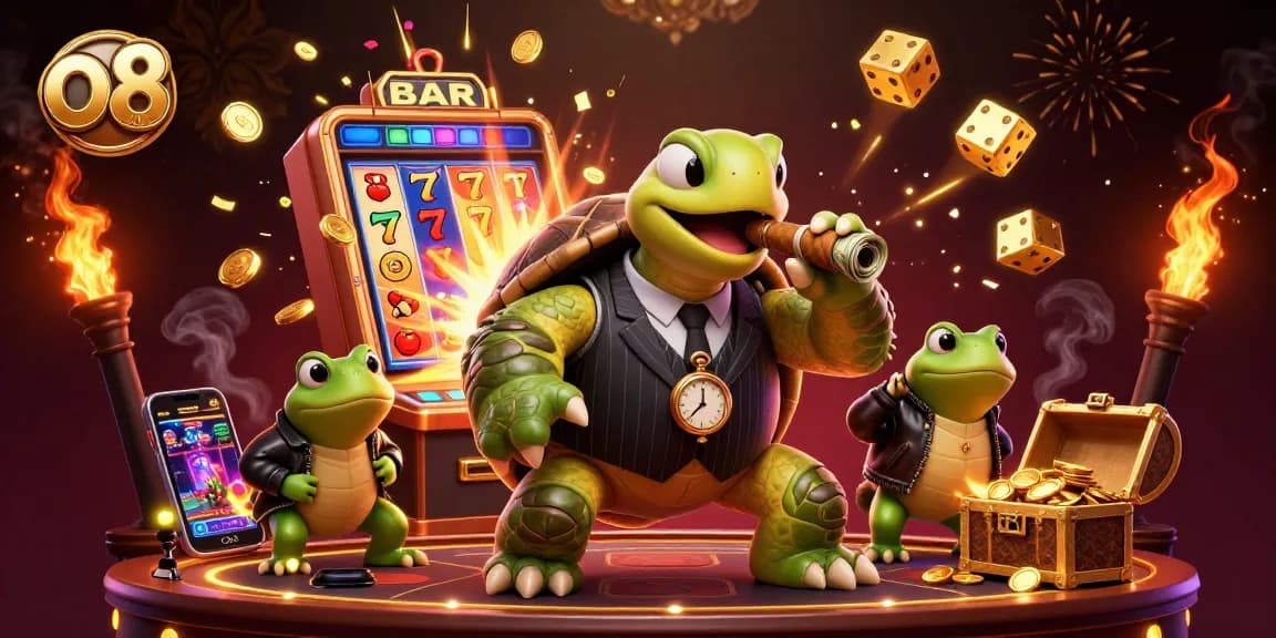 Engage in o8's thrilling casino scene with a turtle mobster, slot machine jackpot, and enchanting fireflies.