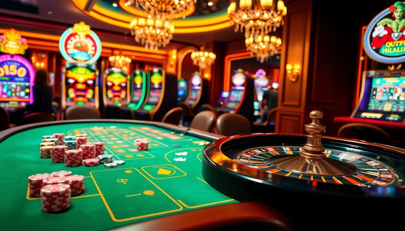 Experience excitement at QH88's casino table with vibrant poker chips and a roulette wheel.