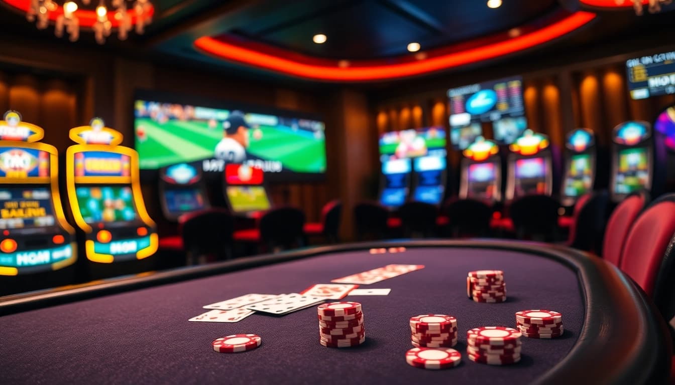 Engage in thrilling gameplay with TX88's online betting interface featuring casino tables and vibrant poker chips.