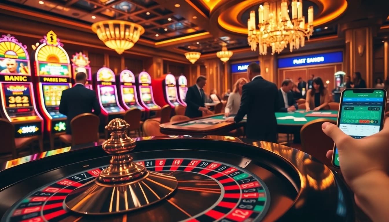 Engaging in a thrilling KQBD betting experience at a luxurious casino with poker tables and roulette.