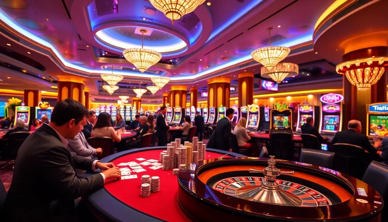 Experience the thrill of gambling at https://sunwin5.org/ with vibrant casino visuals showcasing poker and roulette.