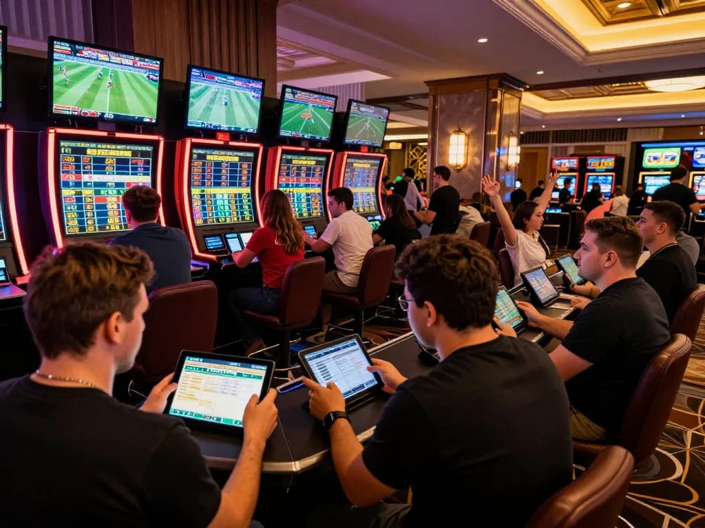 SAOBET bettors engaging in real-time sports betting excitement with screens and tablets.