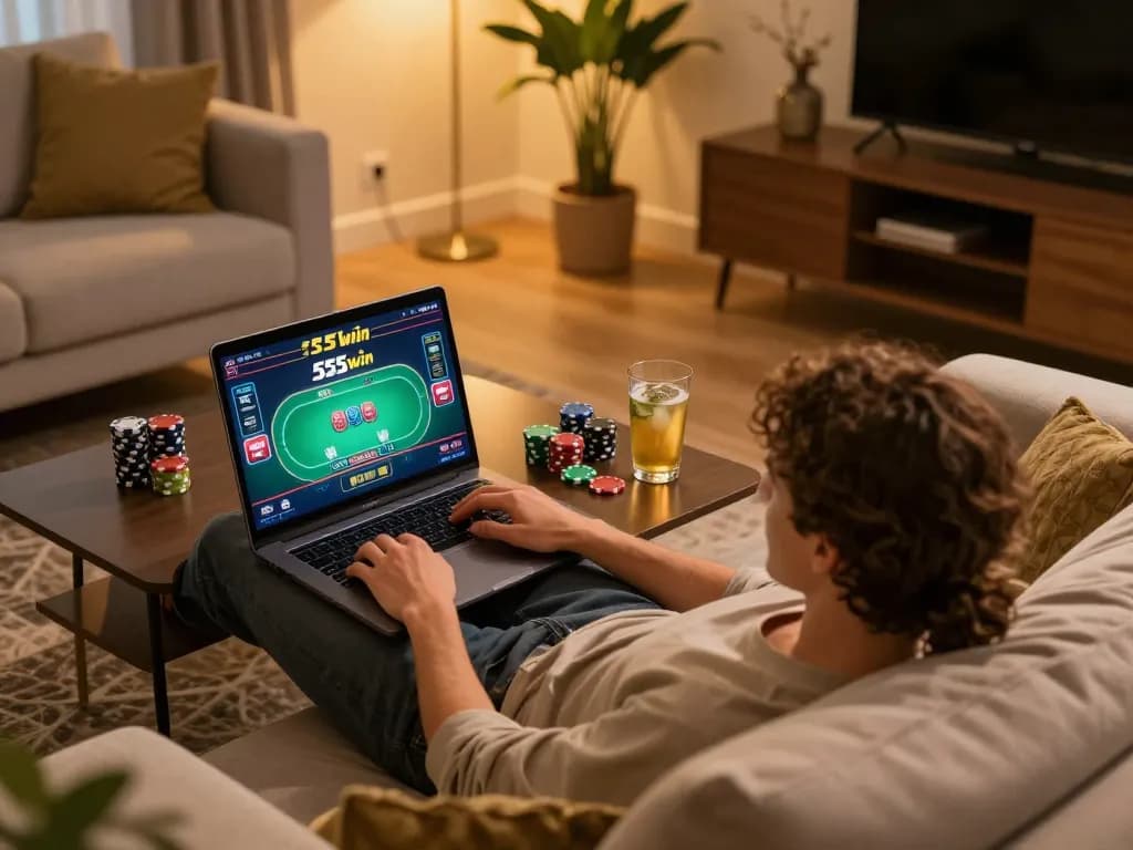 Player enjoys a game of poker on 555win, surrounded by colorful chips and a cozy atmosphere.