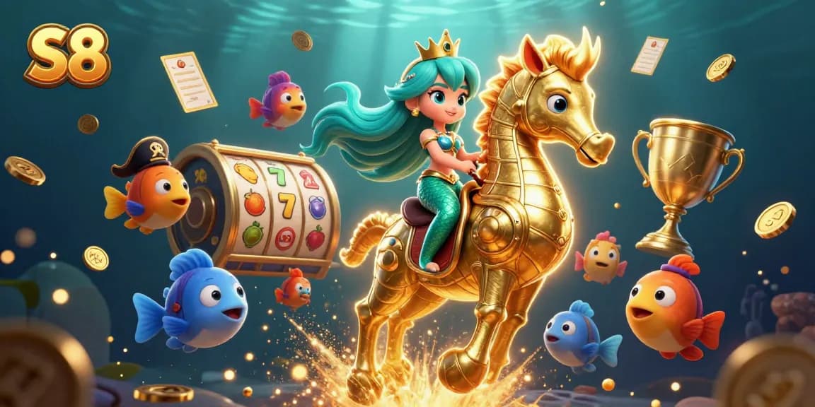 S8 offers a vibrant underwater gambling adventure, featuring slot reels and a mermaid princess.