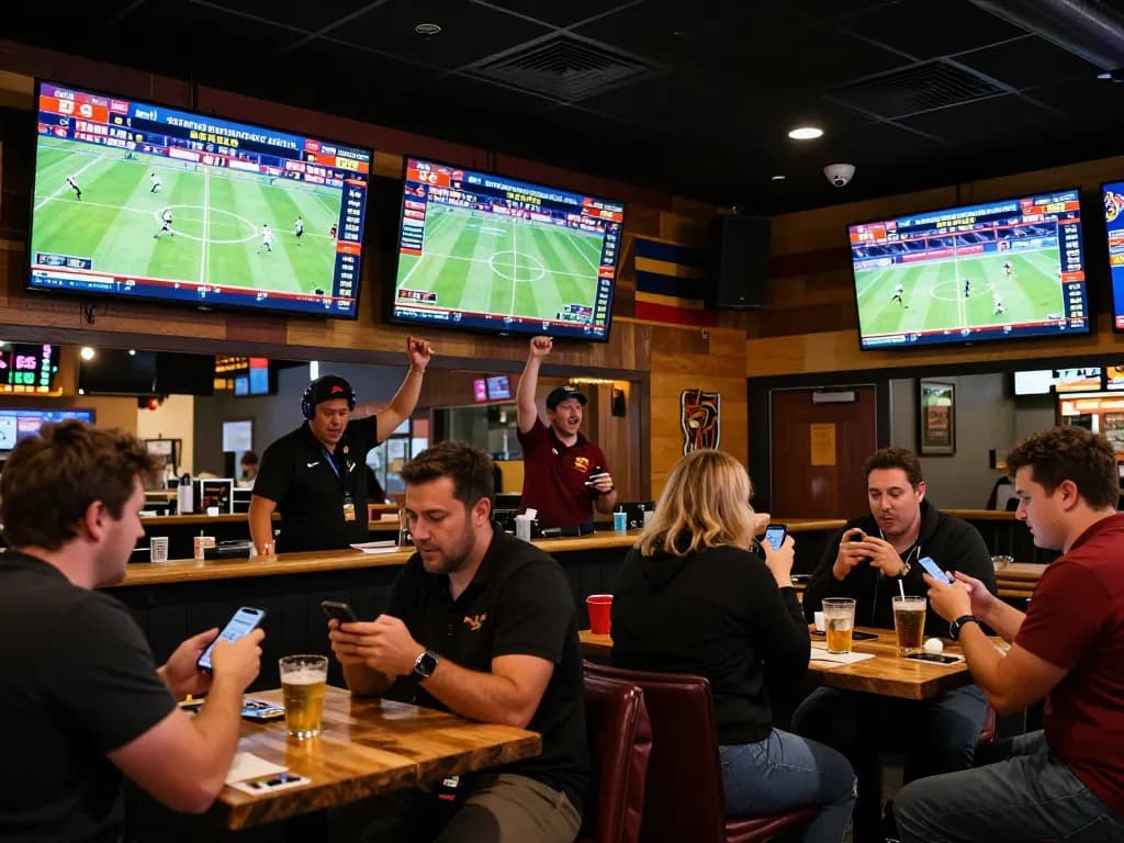 Engaging sports betting scene at Kkeonhacai platform with excited patrons placing bets.