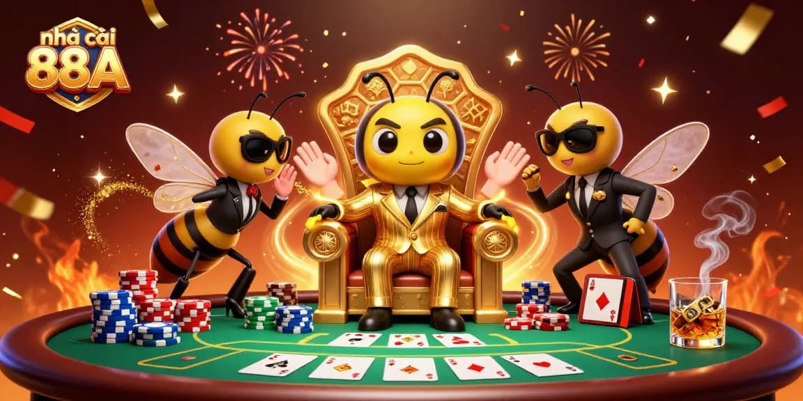 Engage with nhà cái 88AA's thrilling casino scene featuring a bumblebee mob boss and vibrant poker elements.