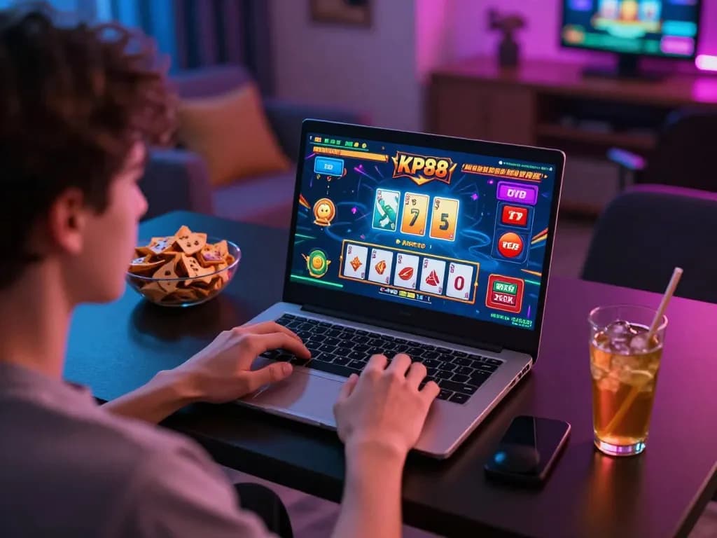 Player enjoying KP88 online casino with vibrant setting and focused gameplay.