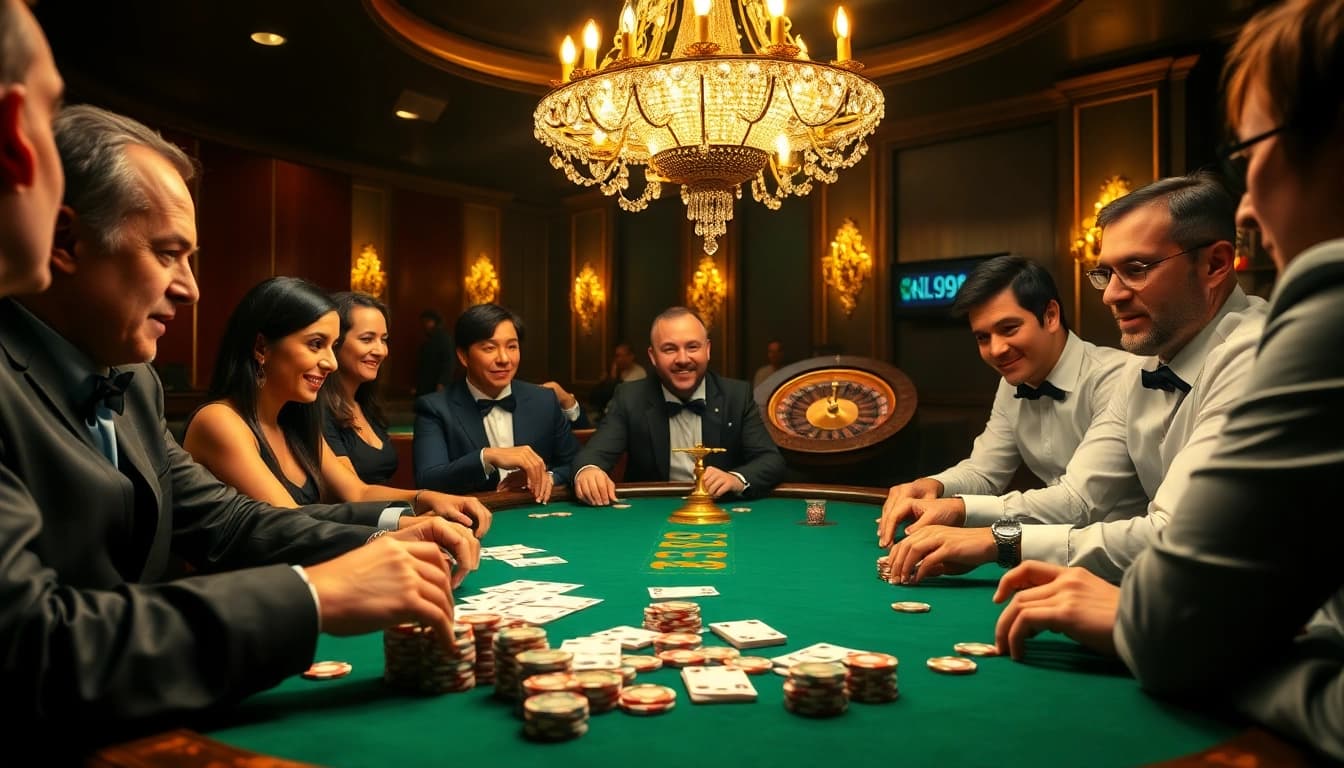 Players enjoying high-stakes poker at a casino table featuring kl99 chips and cards.