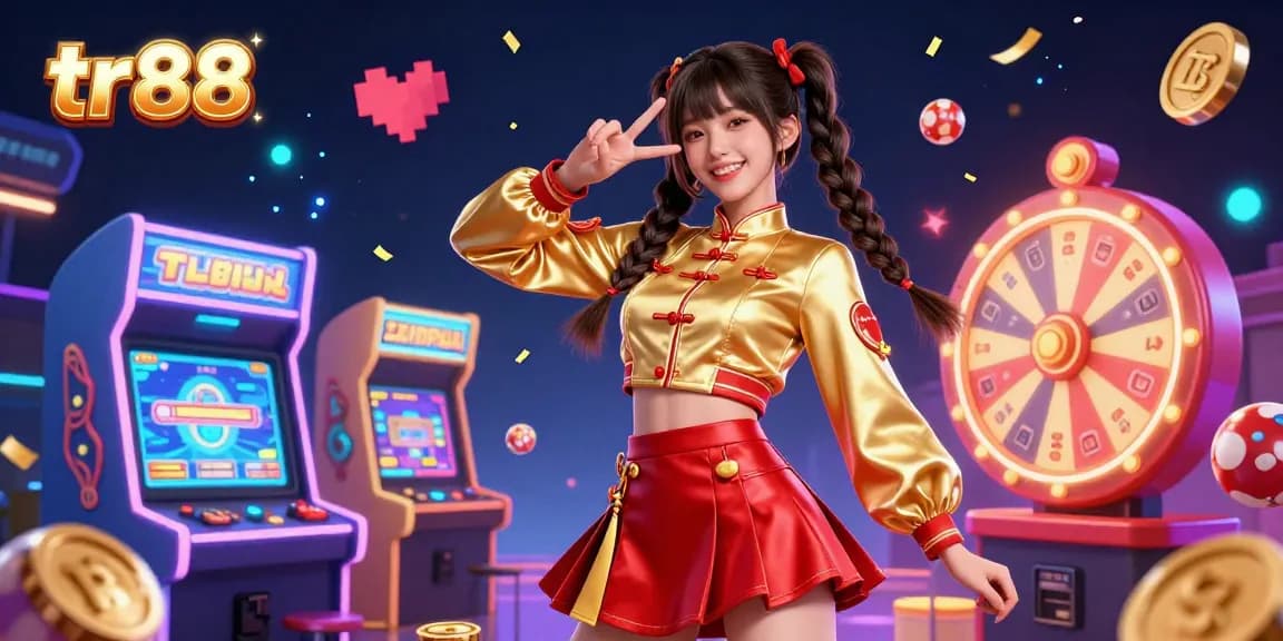 Experience engaging gameplay at tr88 with a vibrant casino scene featuring colorful arcade games and jubilant characters.