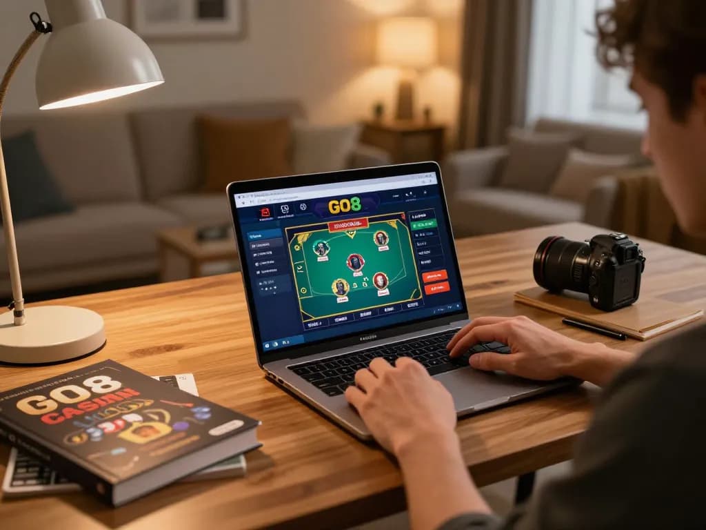 Experience go8 online casino gaming with a cozy home setup, showing gameplay interface and strategy notes.