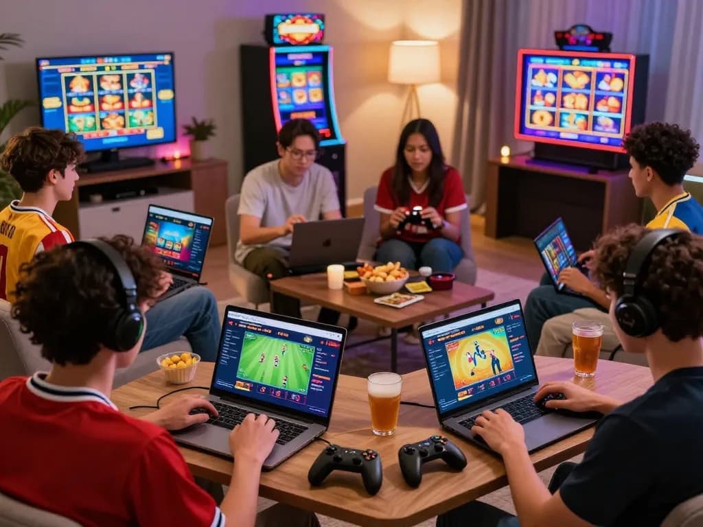 Dynamic online gaming scene with players using okwin.com in a modern living room.