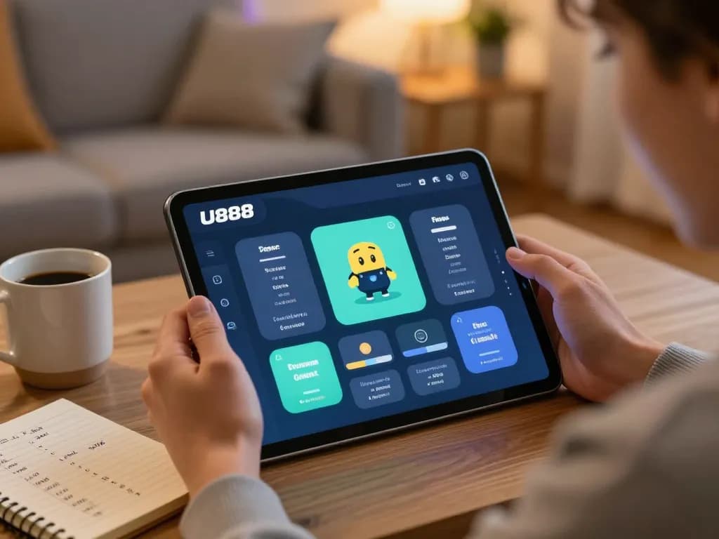 Engaging user playing U888 app on a tablet, showcasing interactive online gaming experience.