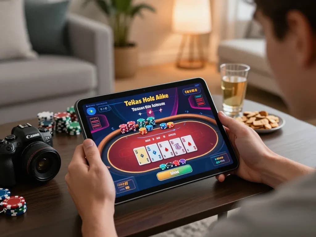 Playing poker on ONE88.COM with dynamic online gaming interface in a cozy home setting
