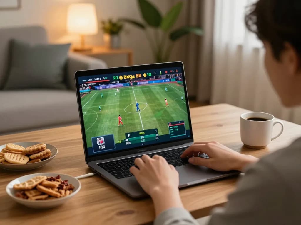 Bong88 online sports betting setup with cozy home lighting and live event on screen