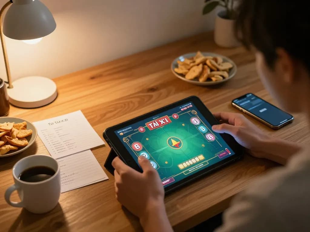 Tài Xỉu player strategizing their bets on a tablet in a cozy home setup, highlighting responsible gaming.