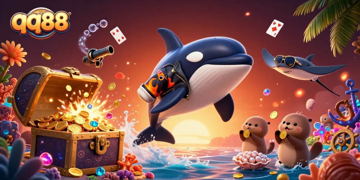 Engage with the exciting world of qq88 through a vibrant 3D illustration showcasing casino elements and characters.