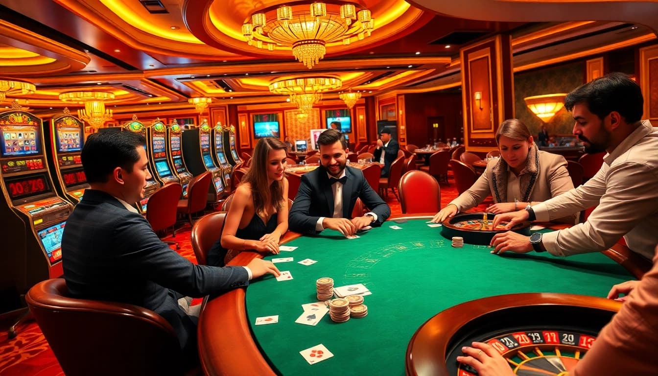Players strategizing in a vibrant casino scene at fun79, highlighting poker tables and slot machines.