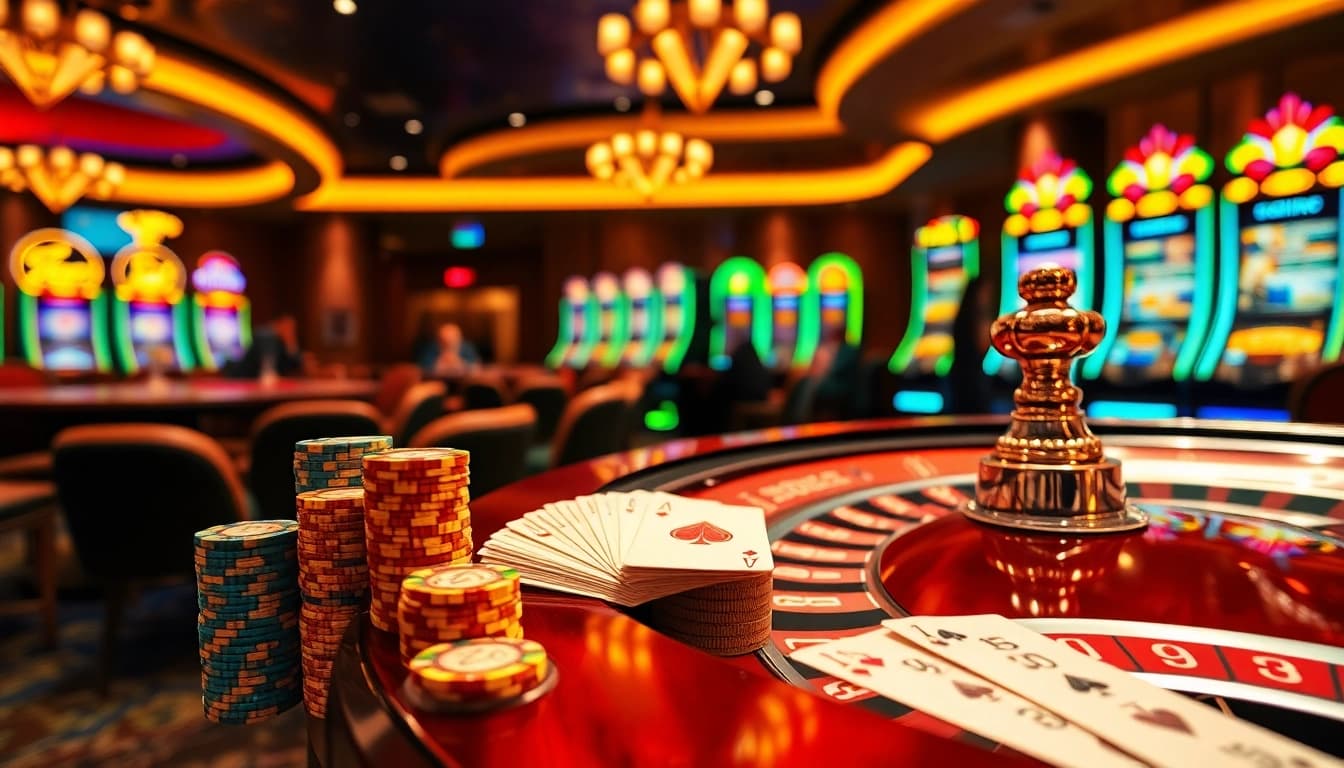 High-stakes gaming at gg88 com featuring vibrant slot machines, poker chips, and luxurious casino ambiance.