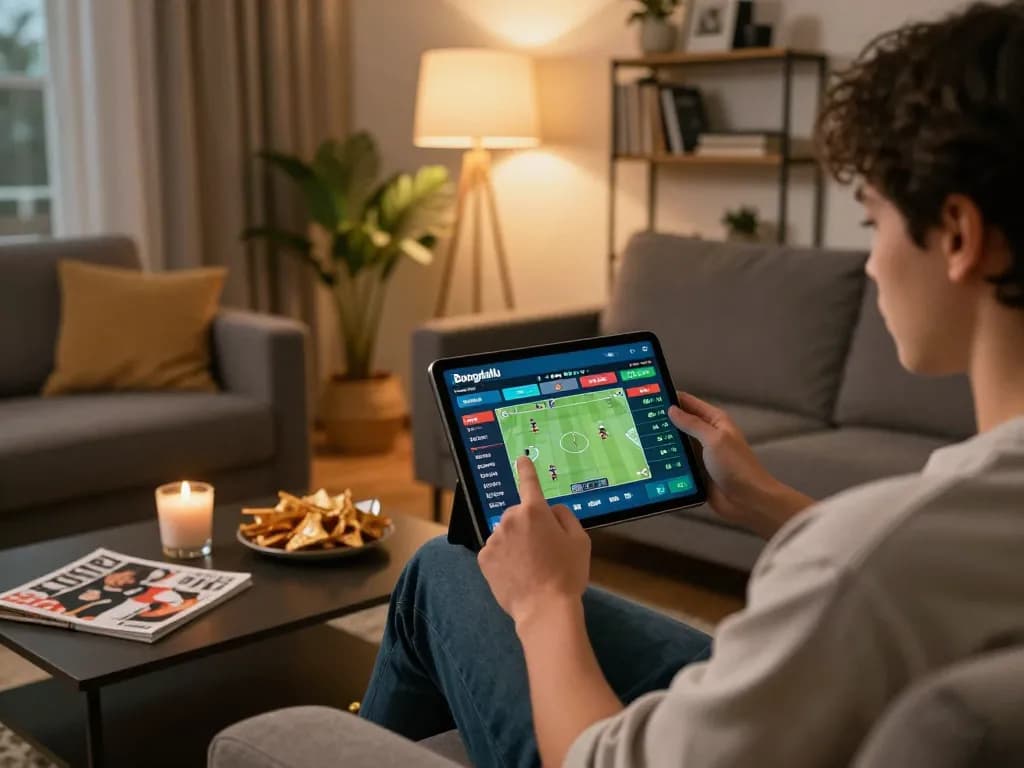 Bongdallu user engaging with sports betting app on tablet in a cozy home setting, showcasing responsible gambling strategies