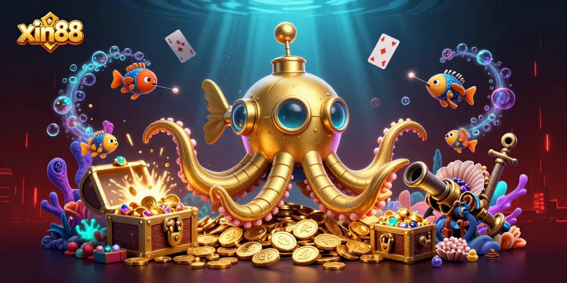 Experience exciting gaming action at xin88 with a golden kraken submarine and treasure-filled sea.