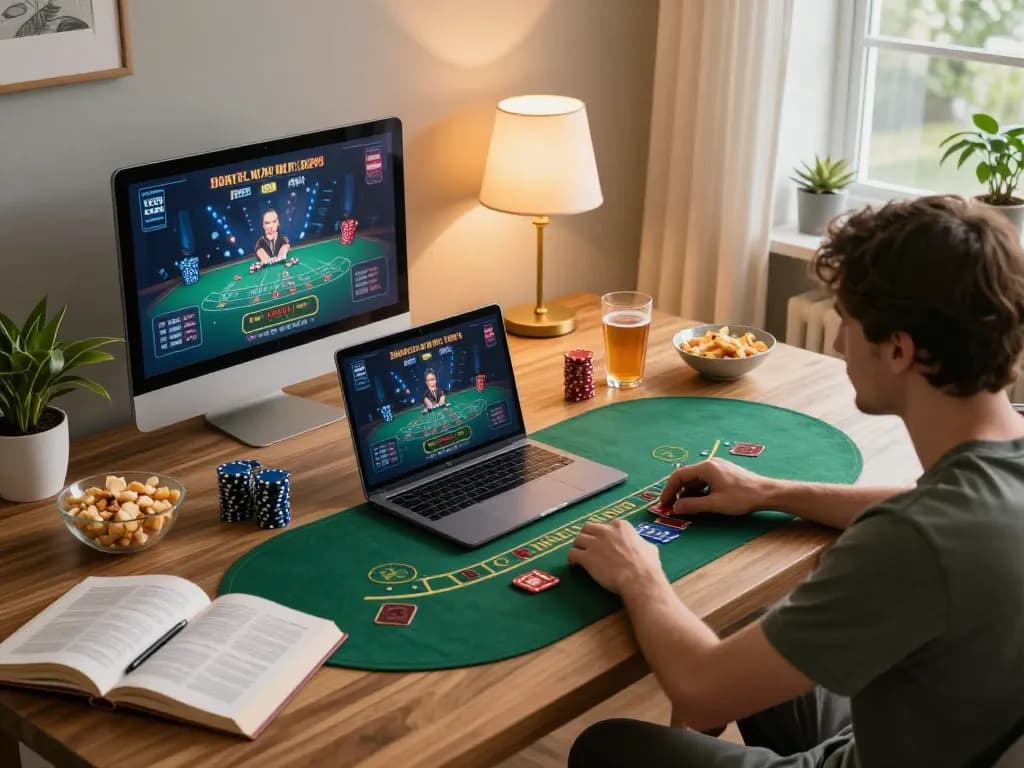 Person enjoying a live dealer blackjack game on XO88, combining entertainment with strategy in a cozy home setting.
